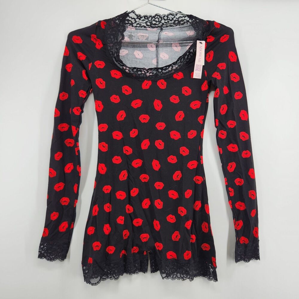 Adore Me XS Black Long Sleeve Bisou Print Romper NWT